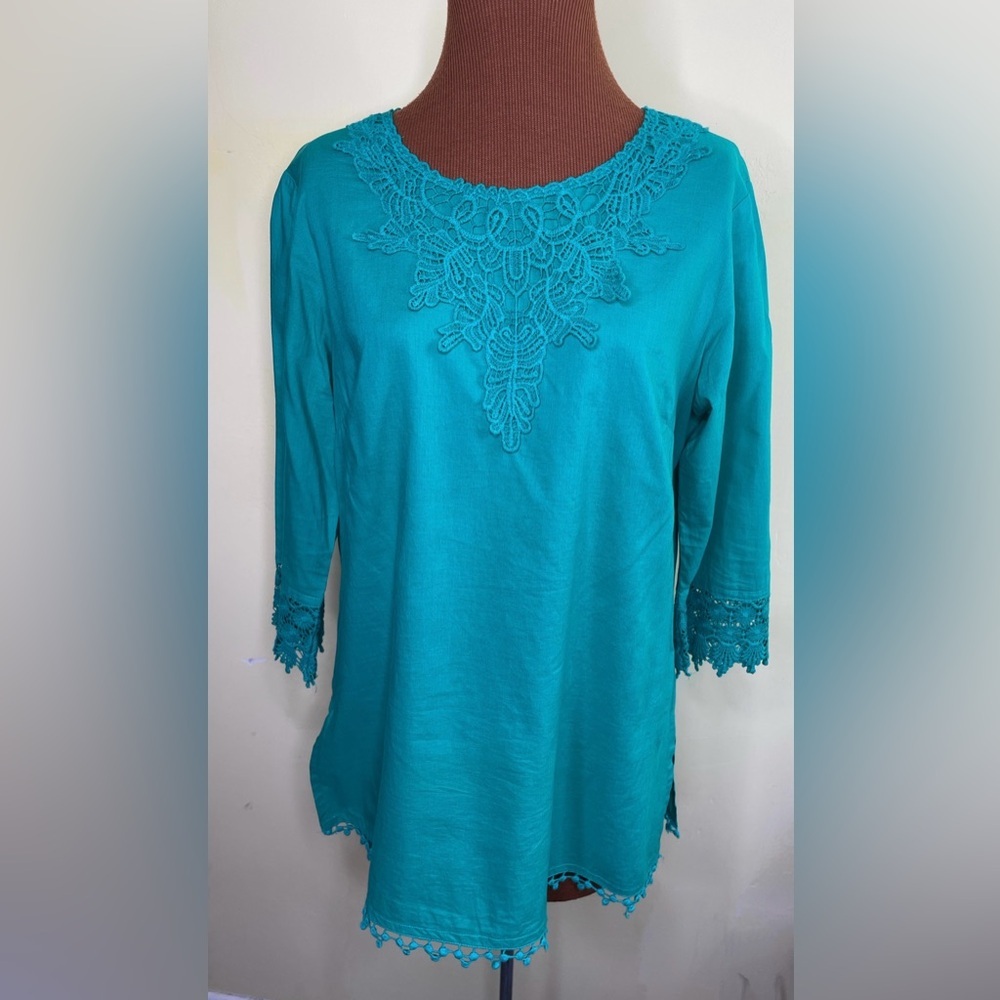 Krazy Kat Green Tunic Embroidered Fringe Hem Size Medium - Picture 1 of 7